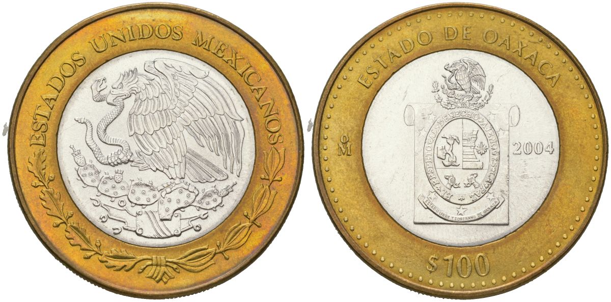 Мексика 100 песо 2004 180 лет Федерации - Оахака KM 740 биметалл, серебро BU 00-1067-9-24