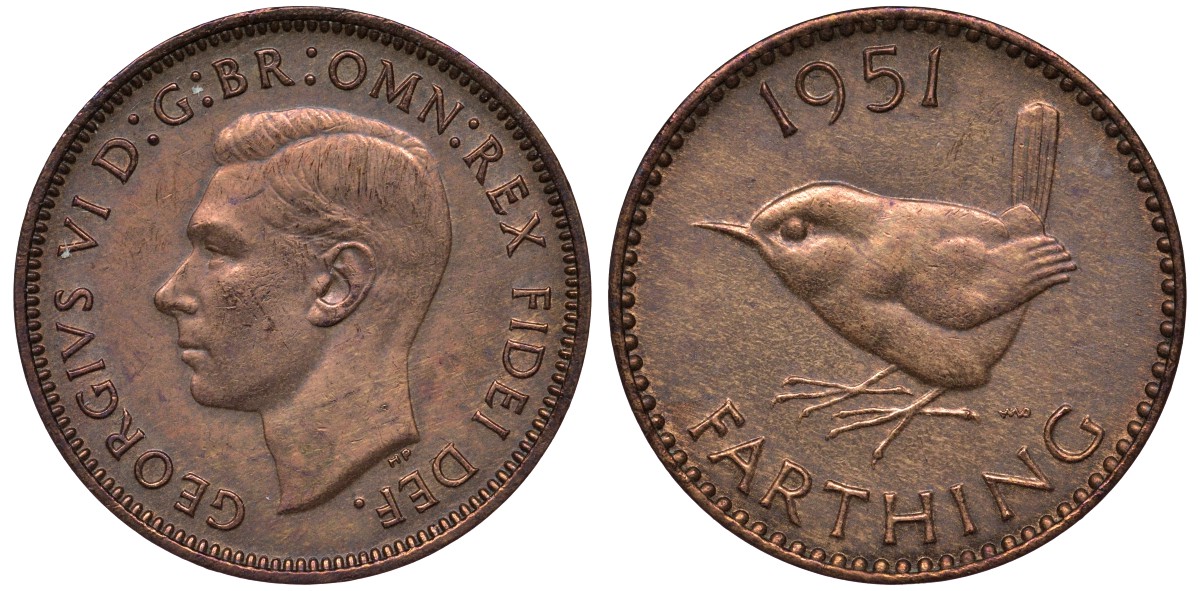 Великобритания 1 фартинг 1951 Георг VI (1936-1952) KM 867, Spink 4119 бронза 4122-717