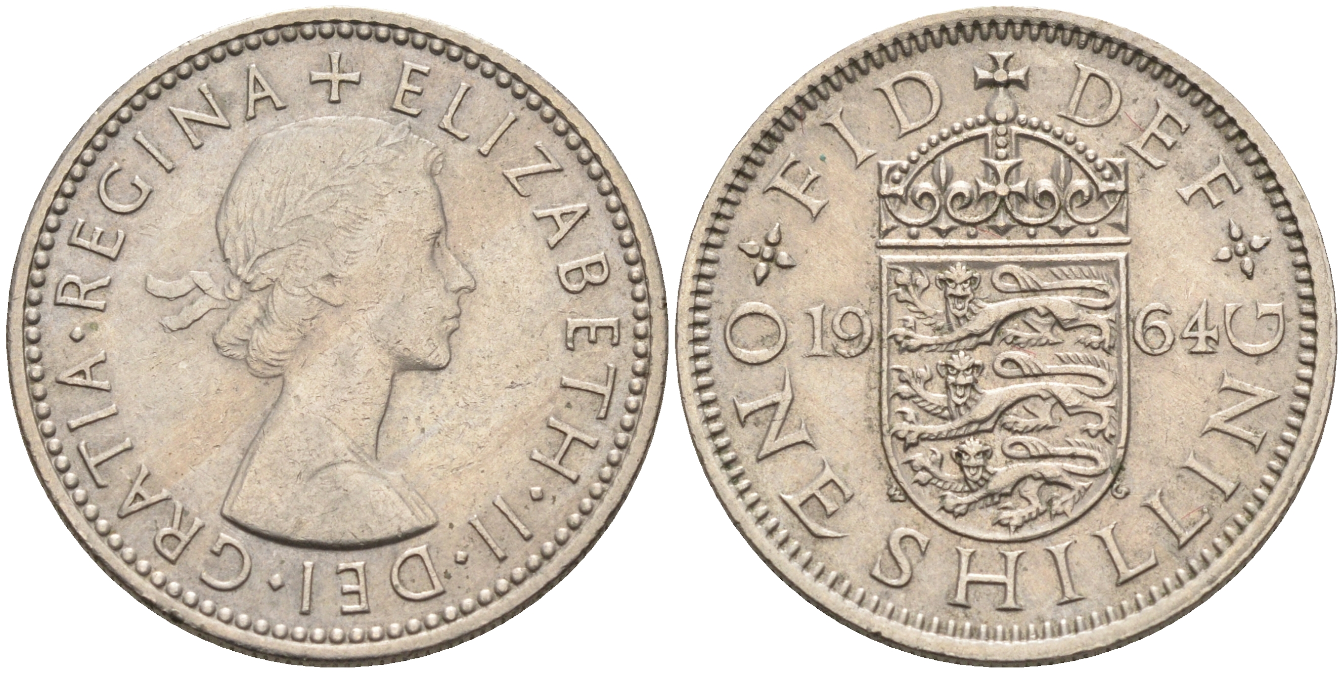 Великобритания 1 шиллинг 1964 Елизавета II (1952-2022), Английский герб KM 904, Spink 4147 медно-никель    4595-854