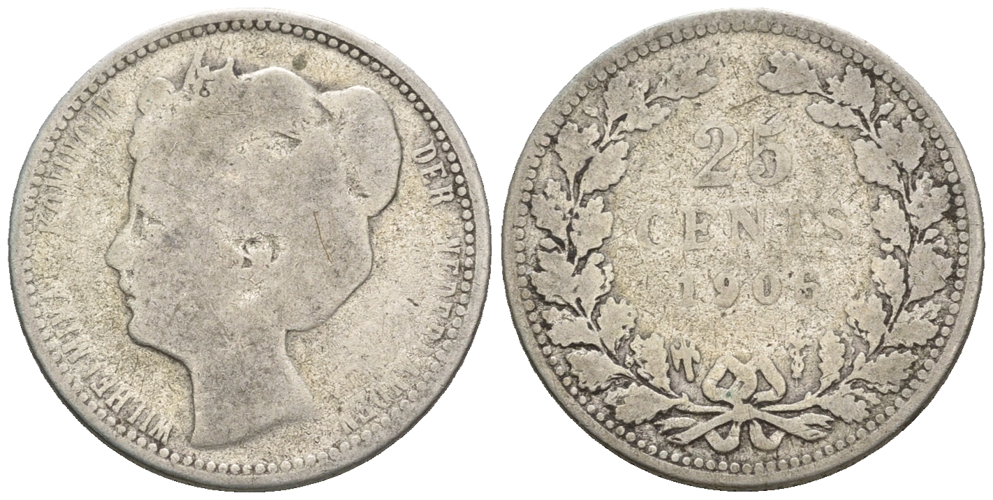 Нидерланды 25 центов 1906 Вильгельмина (1890-1948) KM 120.2 серебро 4609-758