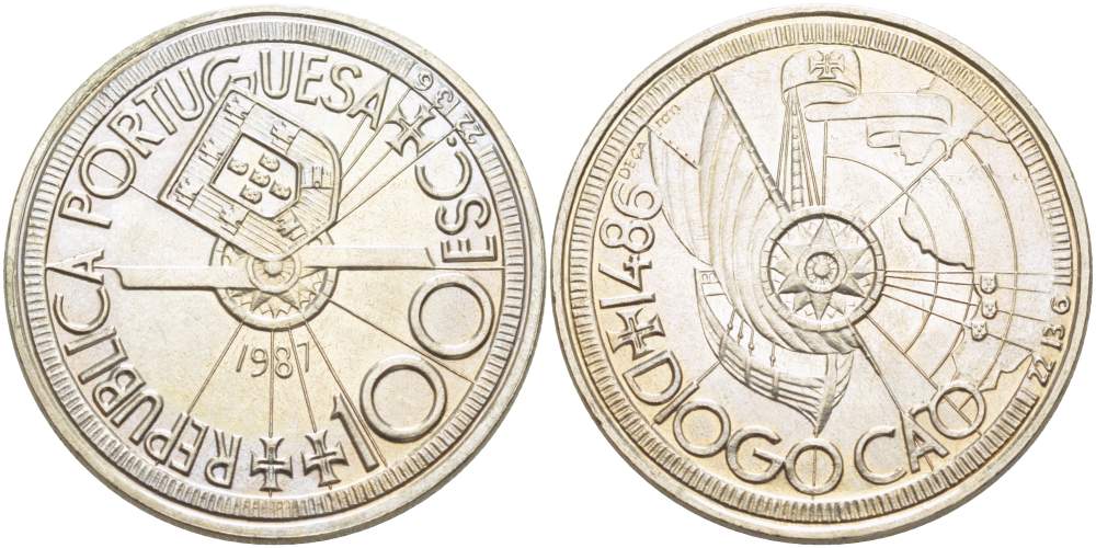 Португалия 100 эскудо 1987 серия золотой век португальских открытий, Диогу Кан (1440-1486) KM 641 медно-никель UNC 4184-1121