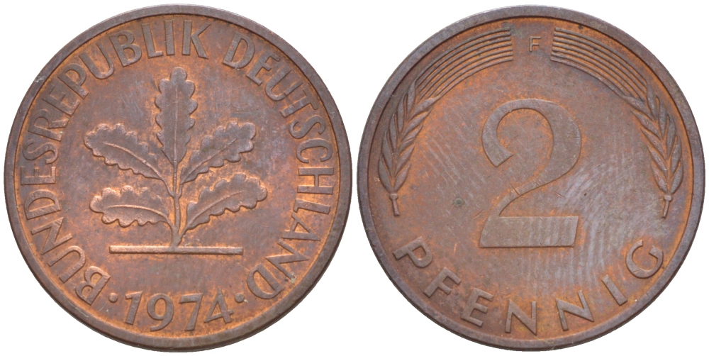 ФРГ 2 ПФЕННИГА 1974 F KM 106а, J. 381а сталь плакированная сталь плакированная медьюю 4547-1153