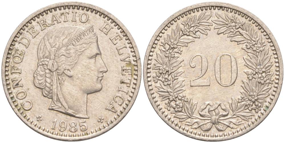 Швейцария 20 раппенов 1985 KM 29a медно-никель 55-1016
