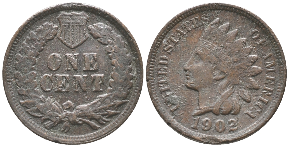 США 1 ЦЕНТ 1902 ИНДЕЕЦ, INDIAN HEAD KM 90а бронза 100-1024