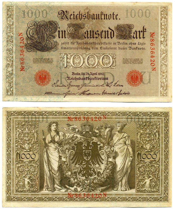 Германия 1000 Марок 1910 21 апреля 1910, Буква U, номер семизначный, серия N, Выпуск (10.1922) Pick 44b, Розенберг 45с бумага 8618-29-1-1