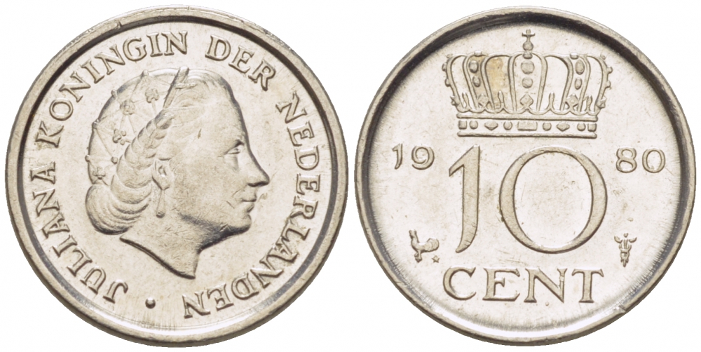 Нидерланды 10 центов 1980 Юлиана (1949-1980) KM 182 никель 3457-1129