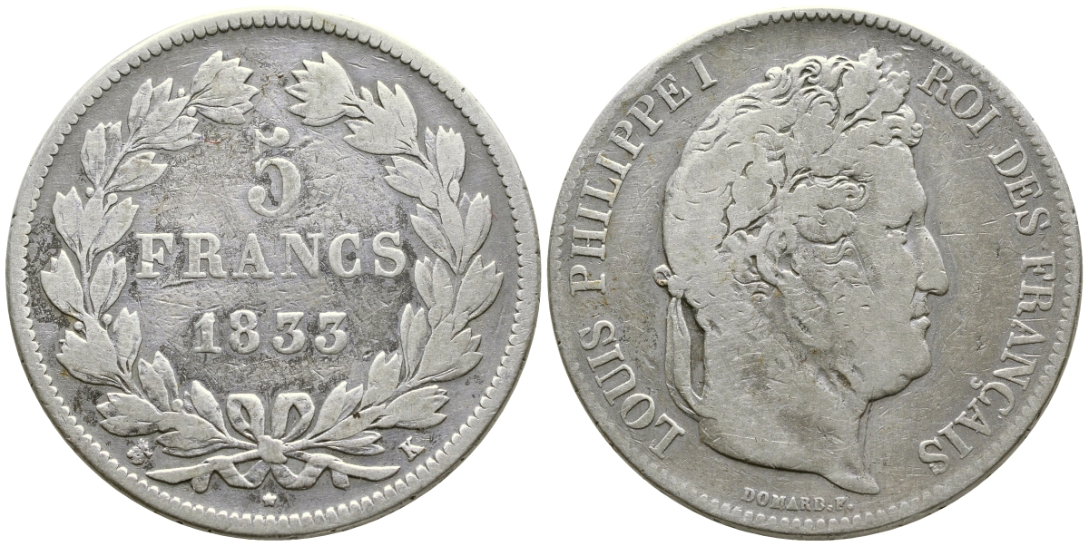 Франция 5 франков 1833 K, Луи Филипп I (1830-1848) KM 749.7 серебро 1066-6-23