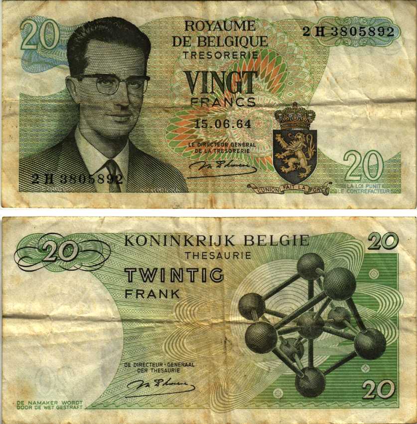 Бельгия 20 франков 1964 Бодуэн I, атомиум, d Haeze Pick 138 (1) бумага 7486-36-2-1