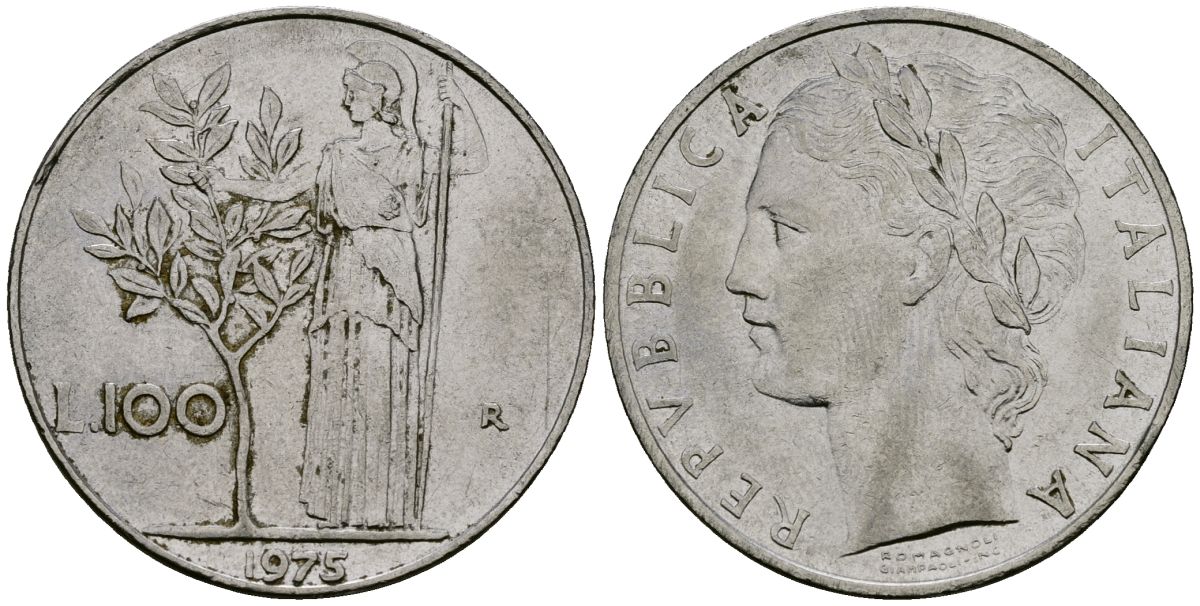 Италия 100 лир 1975 R, Афина у оливкого дерева KM 96.1 нержавеющая сталь 4137-226