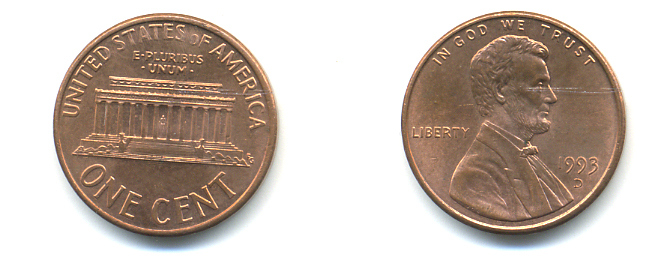 США 1 цент 1993 D, Авраам Линкольн KM 201b цинк плакированный медью UNC 179-451