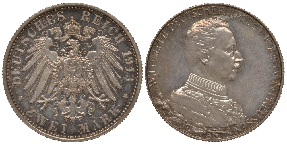Пруссия 2 марки 1913 A, Вильгельм II (1888-1918), 25 лет правления (мундир) Weege 111, J. 111, KM 533 серебро PROOF 00-814-27