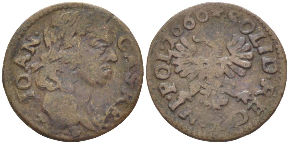 Польша 1 солид (шелаг, шиллинг) 1660 Ян II Казимир Ваза (1649-1668), боратынка, вес 1,23 гр. KM 110 медь 66-234