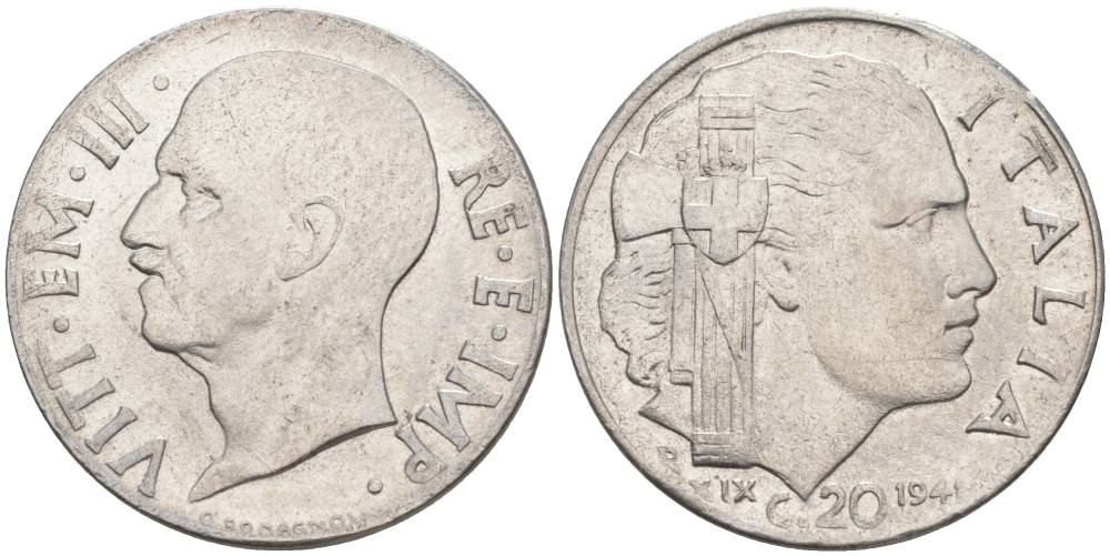 ИТАЛИЯ 20 ЧЕНТЕЗИМО 1941 R, ГОД XIX, ВИКТОР ЭММАНУИЛ III (1900-1946) KM 75b, VEM3. 1028 нержавеющая сталь 3853-845