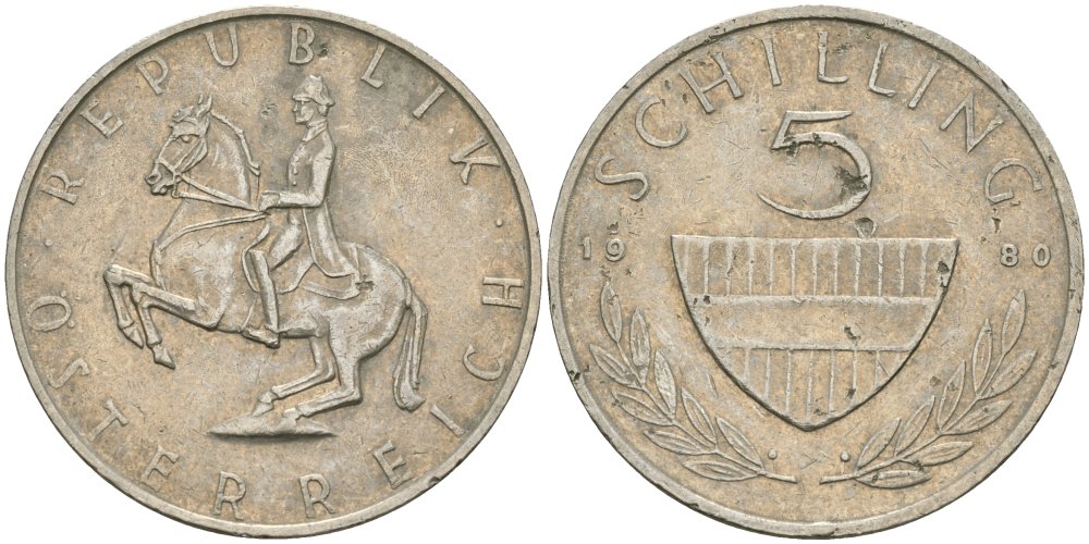 Австрия 5 шиллингов 1980 KM 2889a медно-никель 4579-347