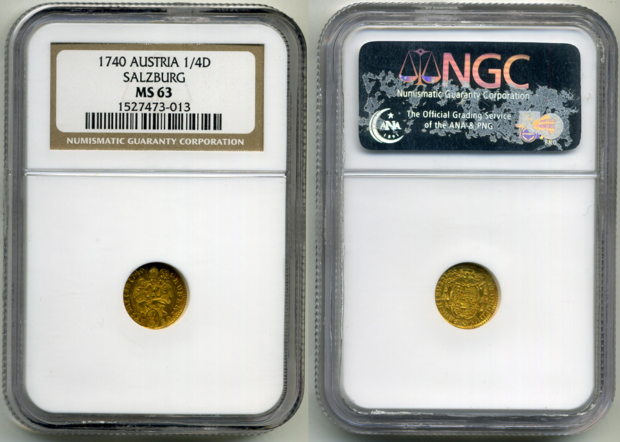 Австрия, Зальцбург 1/4 дуката 1740 в слабе NGS MS 63 золото UNC 15-005-02