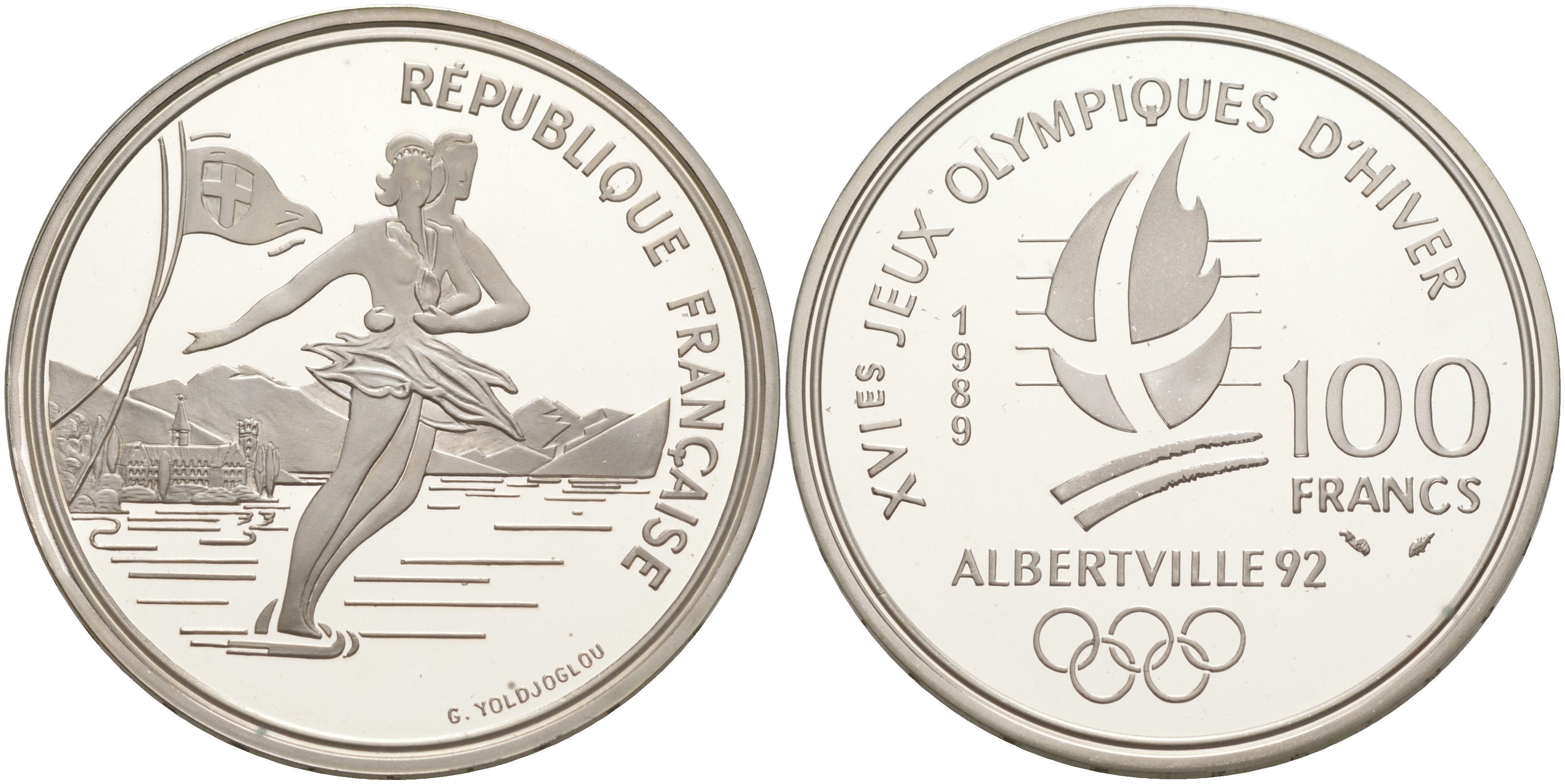 Франция 100 франков 1989 XVI Зимние Олимпийские игры 1992 в Альбервиле, парное фигурное катание KM 972 серебро PROOF 1074-7-11