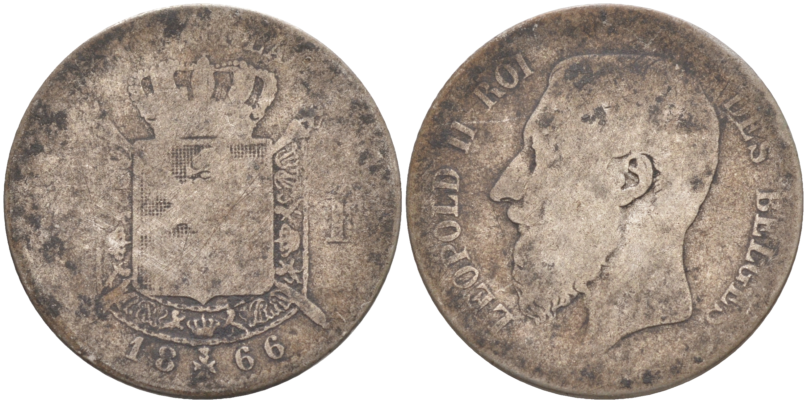 БЕЛЬГИЯ 1 ФРАНК 1866 ЛЕОПОЛЬД II (1865-1909), BELGES KM 28.1 серебро 4114-953