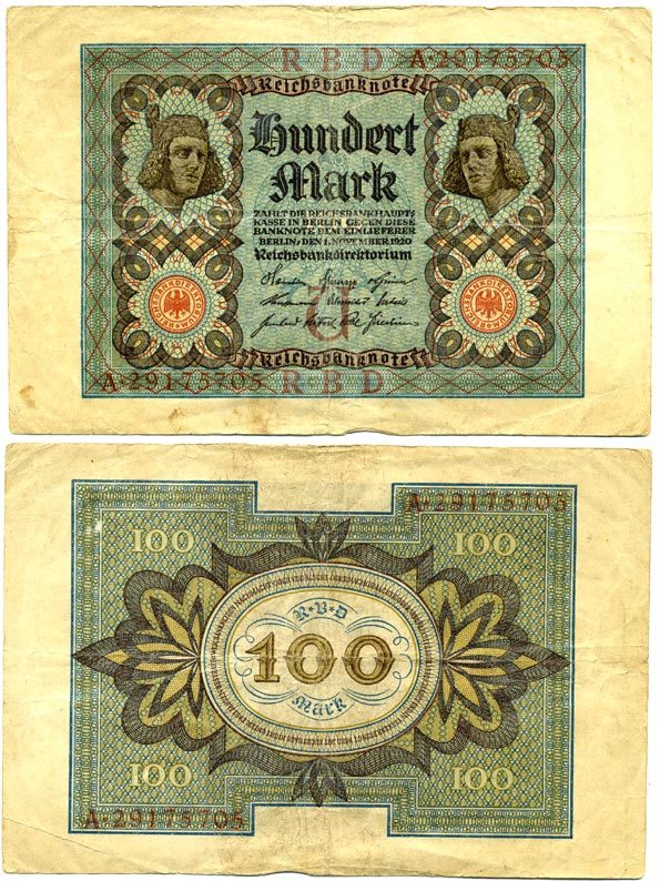 Германия 100 марок 1920 Бамбергский всадник, 8 цифр в номере, серия A, буква U Pick 69 b, Розенберг 69b бумага 8617-38-1-2