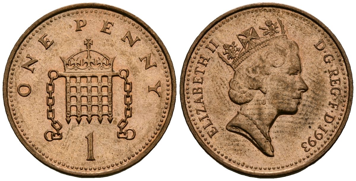 Великобритания 1 пенни 1993 Елизавета II (1952-2022) KM 935a, Spink 4391 (B4) сталь плакированная бронзой 4167-1234