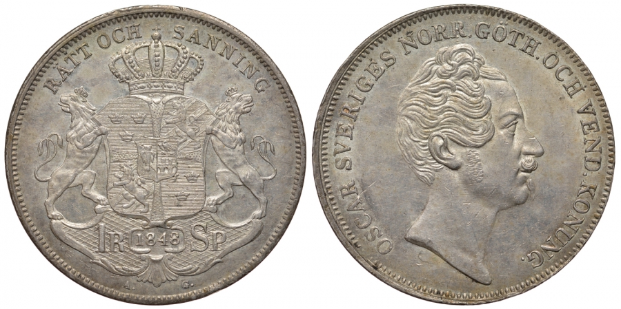 Швеция 1 риксдалер 1848 Оскар I (1844-1859) KM 667, Ahlstroem 29, Dav. 354 серебро aUNC 10-016-20