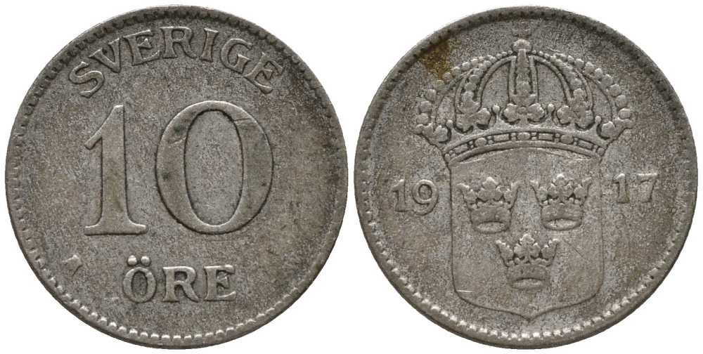 Швеция 10 эре 1917 W, Густав V (1907-1950) КМ 780 серебро 201-1063