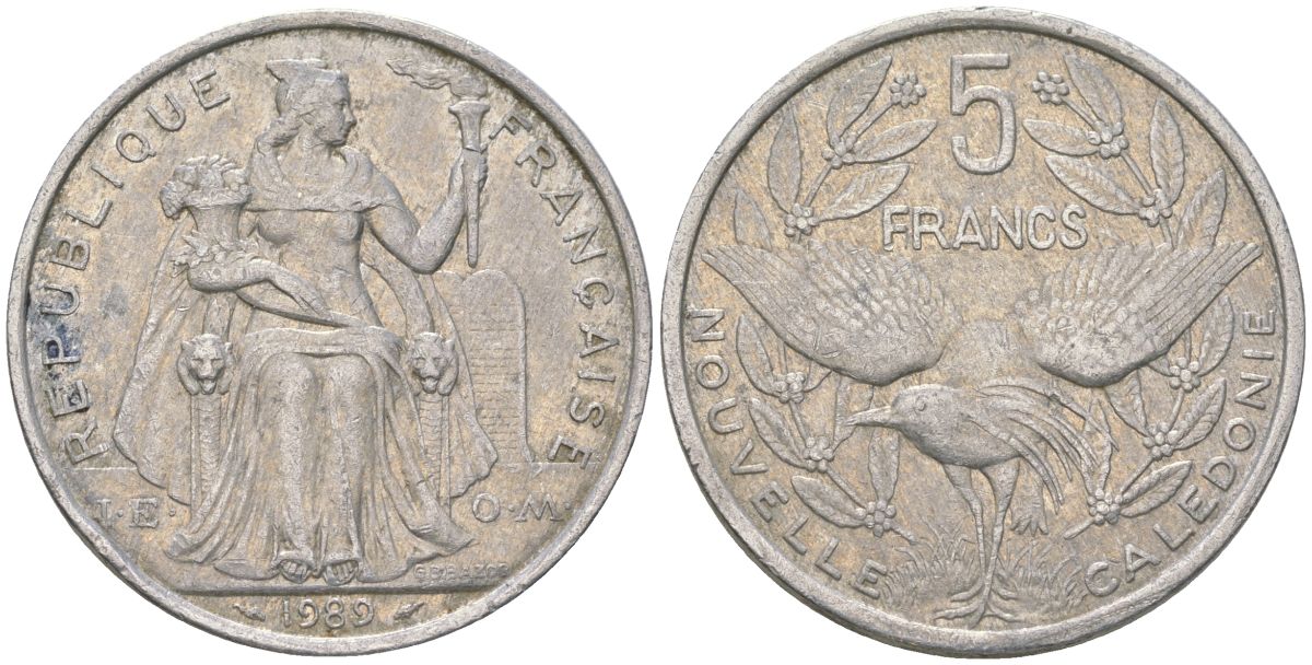 Французская Новая Каледония 5 франков 1989 птица кагу, (IEOM) KM 16, Schoen 12, Lec 77 алюминий 180-1043