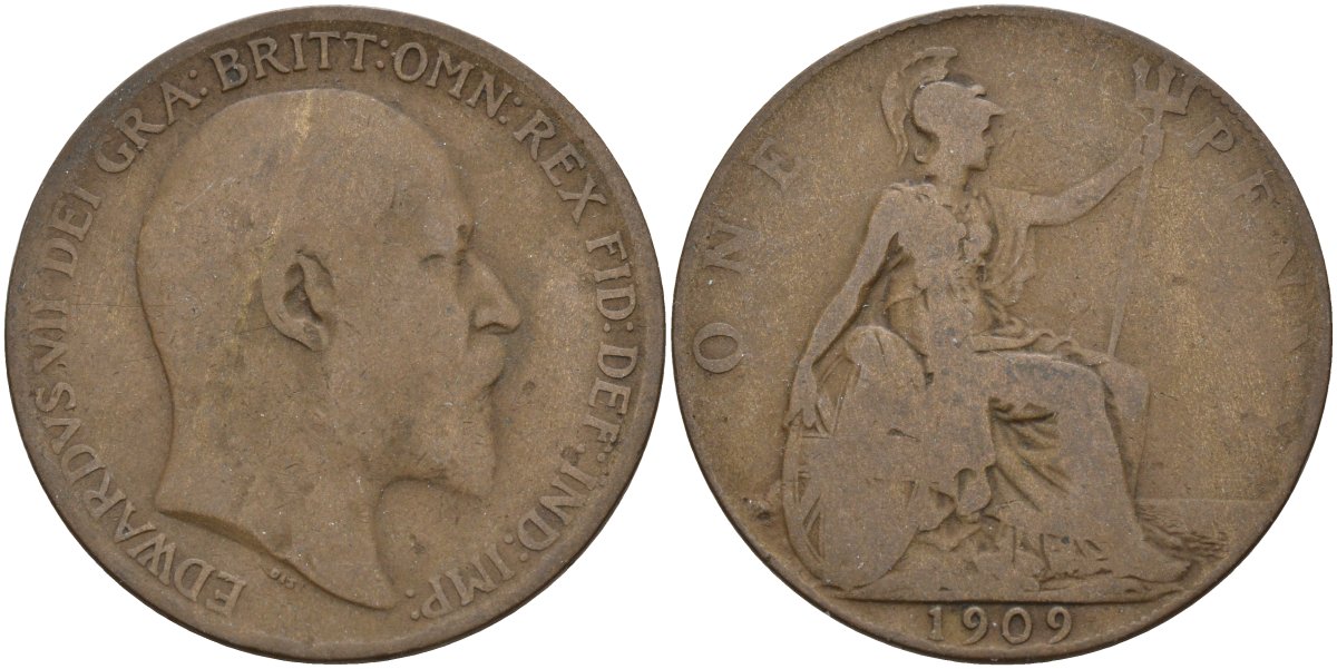 Великобритания 1 пенни 1909 Эдуард VII (1901-1910) KM 794.2, Sp 3990 бронза 4144-743