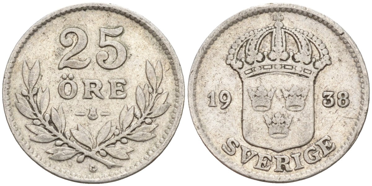 Швеция 25 эре 1938 G, Густав V (1907-1950) KM 785 серебро 4147-944