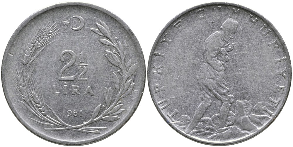 ТУРЦИЯ 2 1/2 ЛИРЫ 1961 KM 893.1 нержавеющая сталь 29-1026
