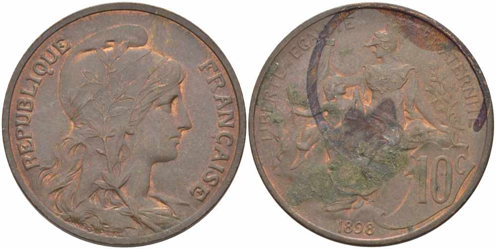 ФРАНЦИЯ 10 САНТИМОВ 1898 ТИП ДАНИЭЛЬ ДЮПЮИ KM 843, LA FRANC 136.6 бронза 109-121
