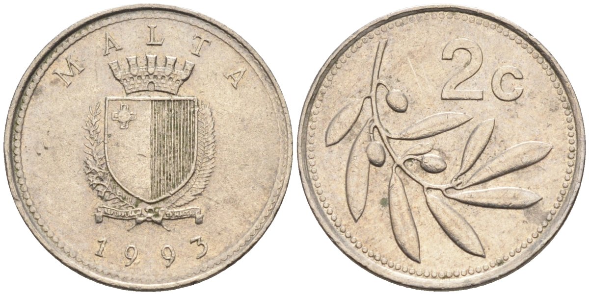 Мальта 2 цента 1993 оливковая ветвь KM 94 медно-никель 112-955