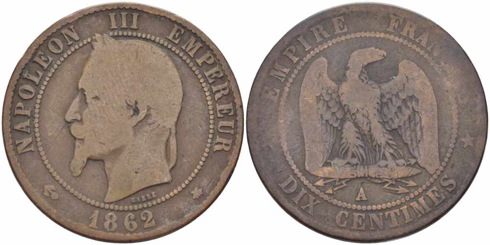 ФРАНЦИЯ 10 САНТИМОВ 1862 A, НАПОЛЕОН III (1852-1870) KM 798.1, LE FRANC 134.5 бронза 4394-726