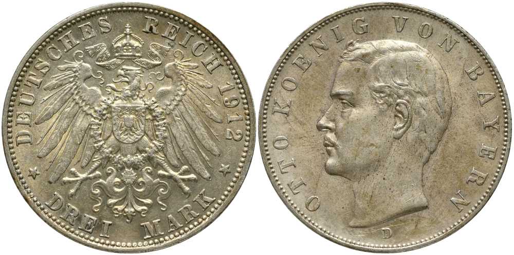 Бавария 3 марки 1912 D, король Баварии Отто (1886-1913) KM 516, J. 47, Weege 45 серебро 633-811