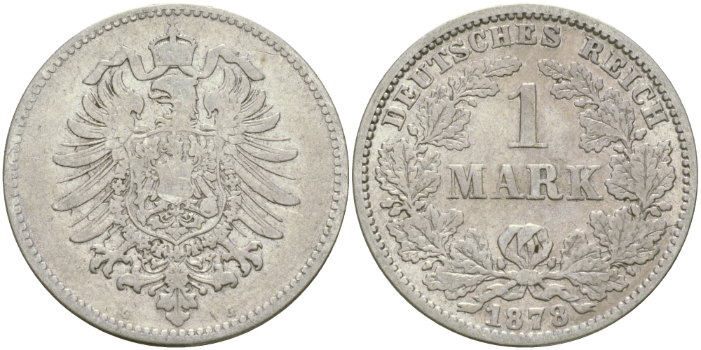 Германия 1 марка 1878 G Weege 17, J. 9, KM 7 серебро 65-127