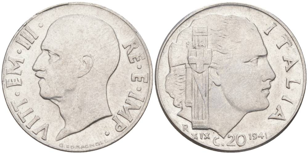 ИТАЛИЯ 20 ЧЕНТЕЗИМО 1941 R, ГОД XIX, ВИКТОР ЭММАНУИЛ III (1900-1946) KM 75b, VEM3. 1028 нержавеющая сталь 3853-1043