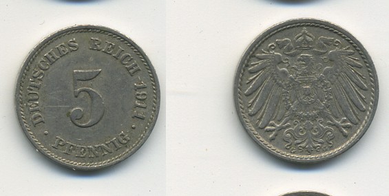 Германия 5 пфеннигов 1911 G KM 11, Jager 12, Weege 6 медно-никель 23-1434