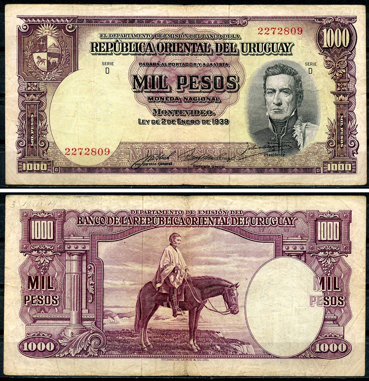 Уругвай 1000 песо 1939 Хосе Хервасио Артигас, генерал на коне, серия D Pick 41 c  бумага   6266-48-1-1