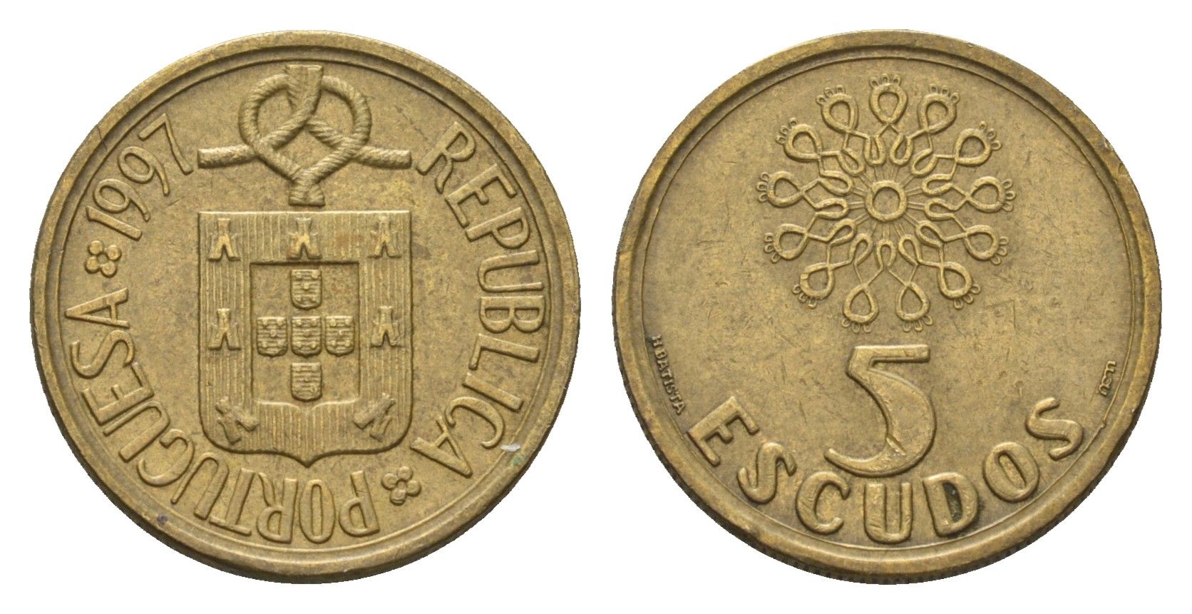 Португалия 5 эскудо 1997 KM 632 никель латунь 4641-1217