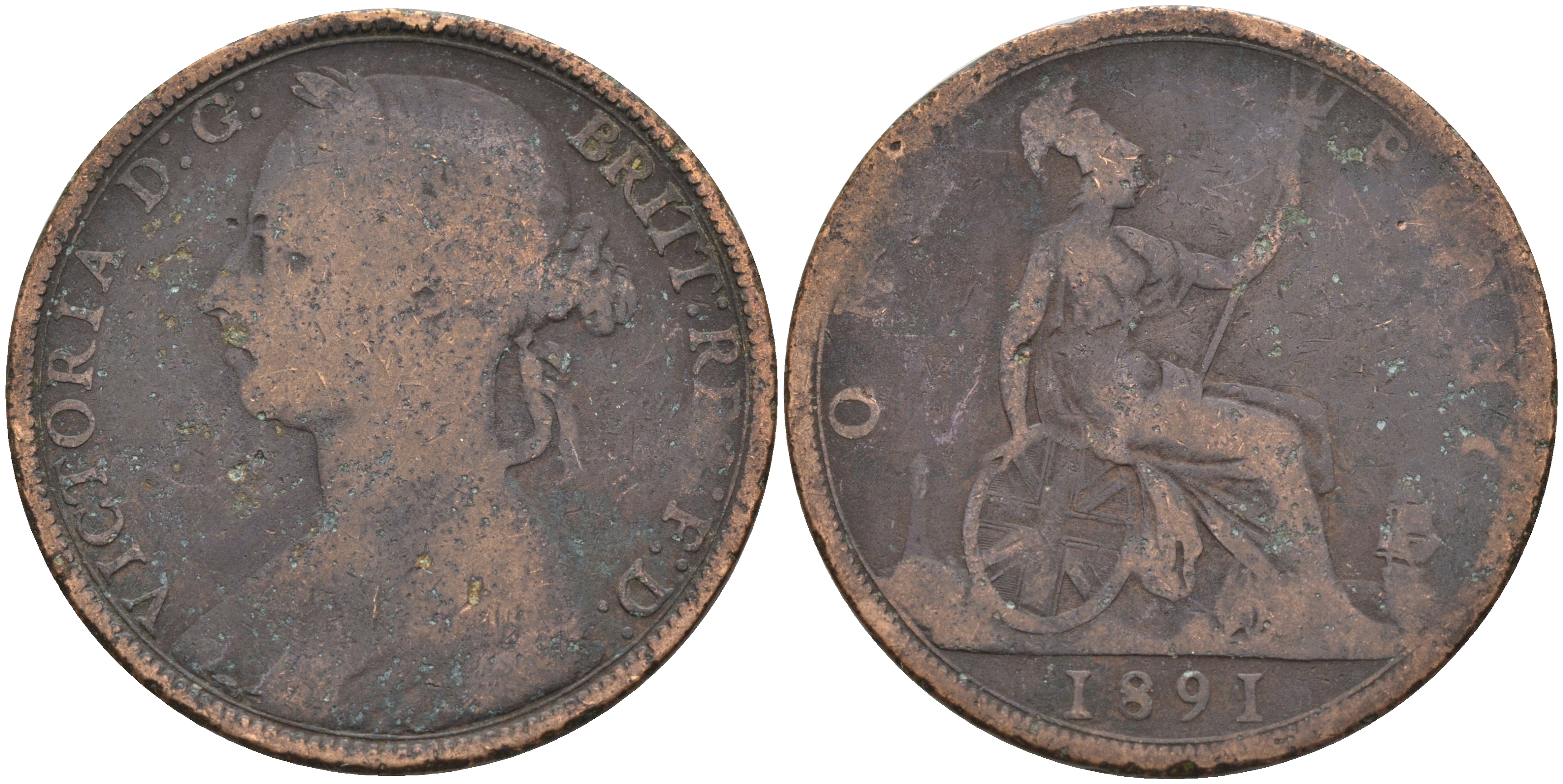 Великобритания 1 пенни 1891 Виктория (1837-1901) KM 755, Spink 3954 бронза 4590-1246