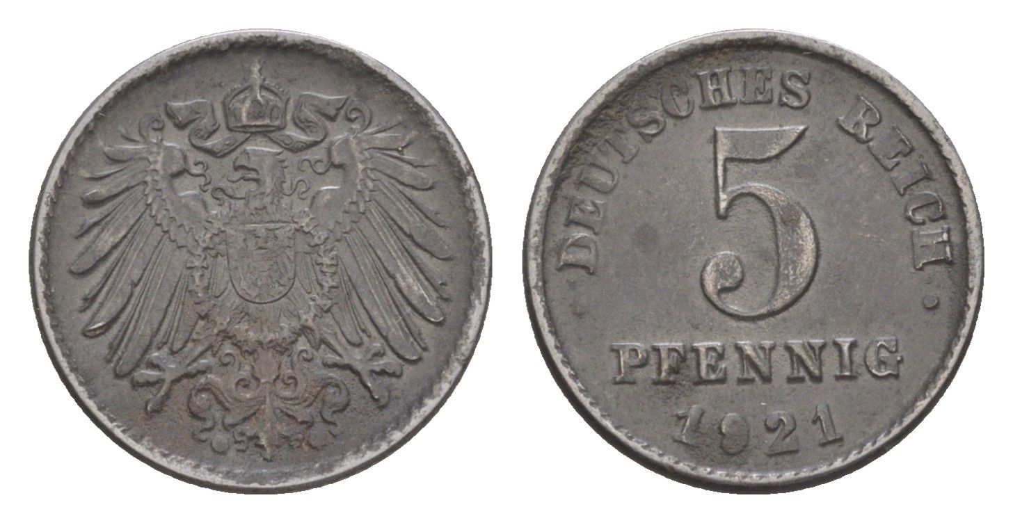 Германия 5 пфеннигов 1921 J KM 19, J. 297 железо плакированное цинком 4644-1126