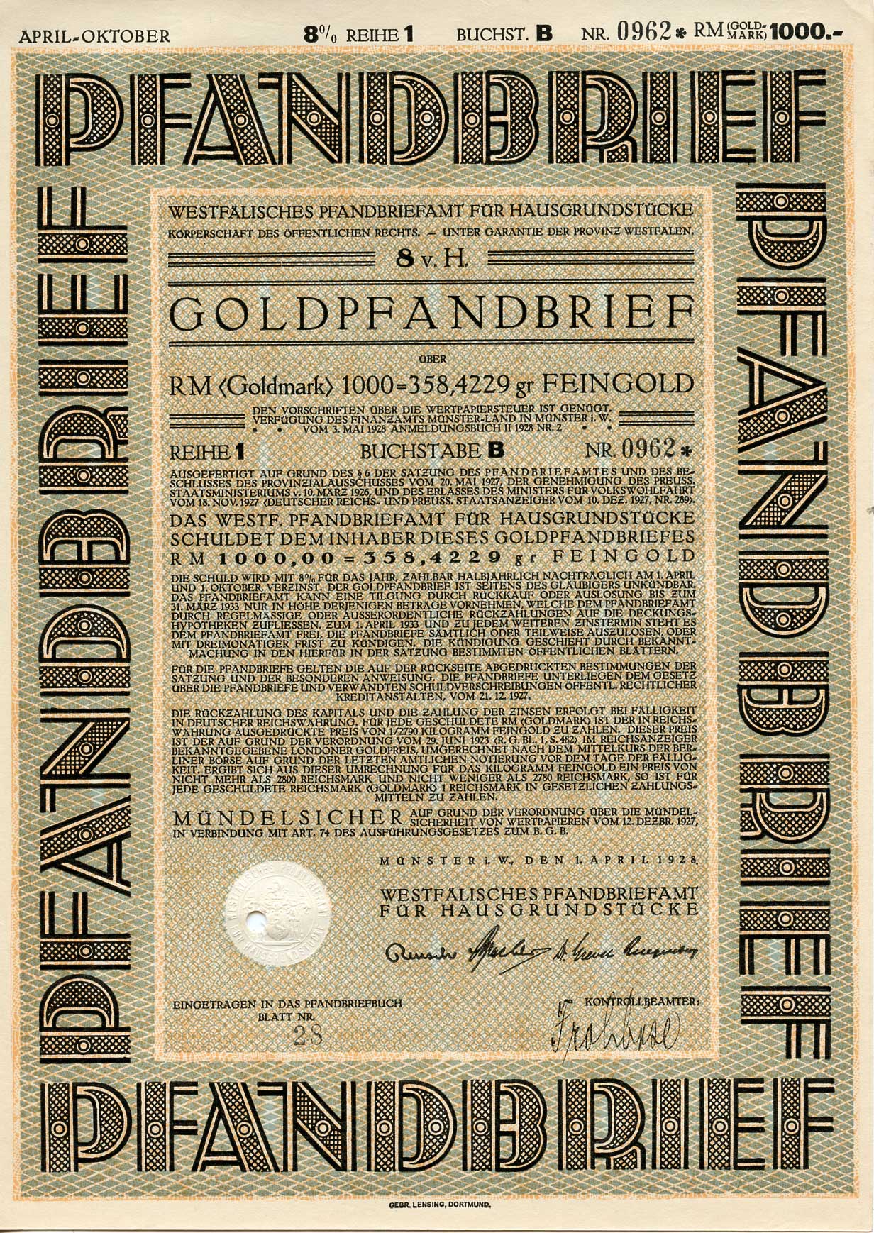 Германия 1000 золотых марок 1928 Вестфальское бюро залога жилой недвижимости, облигация   бумага   8803-134-1