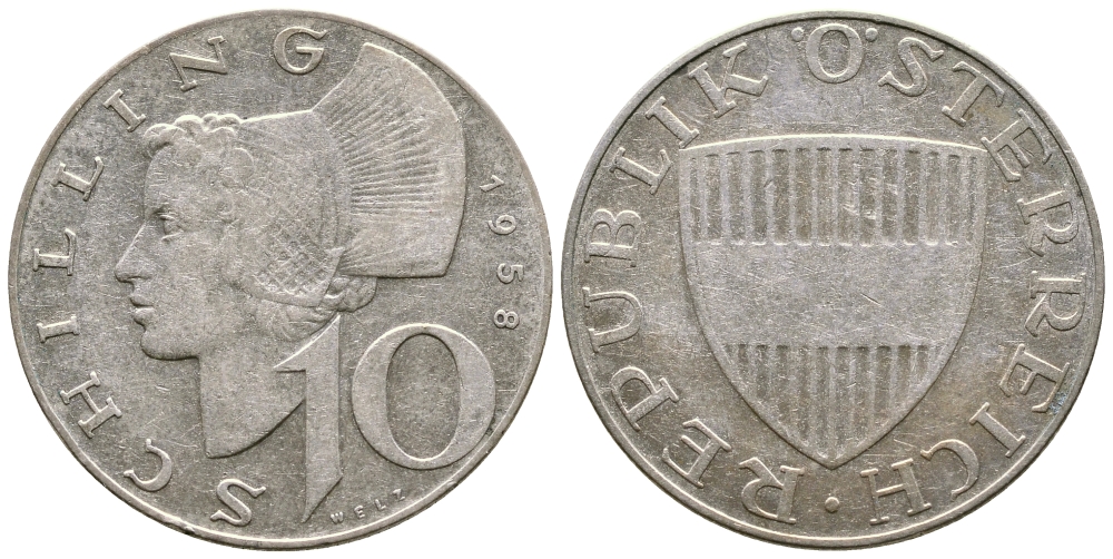 Австрия 10 шиллингов 1958 KM 2882 серебро 413-1923