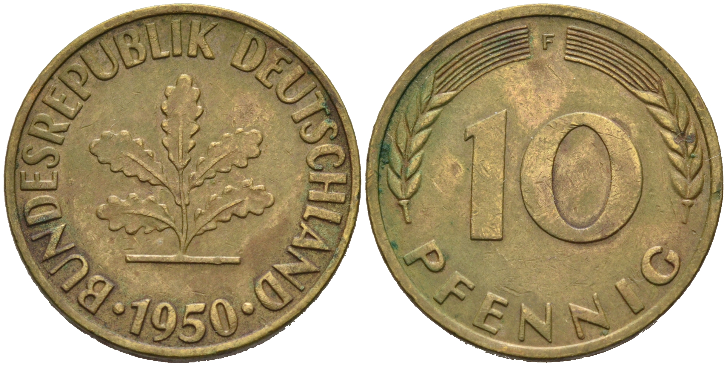 ФРГ 10 ПФЕННИГОВ 1950 F KM 108, J.383 сталь плакированная латунью 75-623