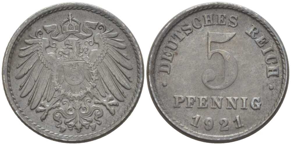 ГЕРМАНИЯ 5 ПФЕННИГОВ 1921 F KM 19, J. 297, Weege 5 железо 206-743