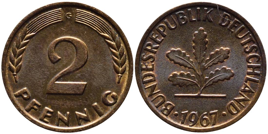 ФРГ 2 ПФЕННИГА 1967 G KM 106, Jager 381 бронза 4546-945