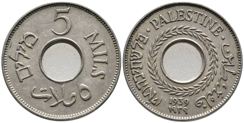 Израиль, Палестина 5 милсов 1939 Британская администрация KM 3 медно-никель 4548-926