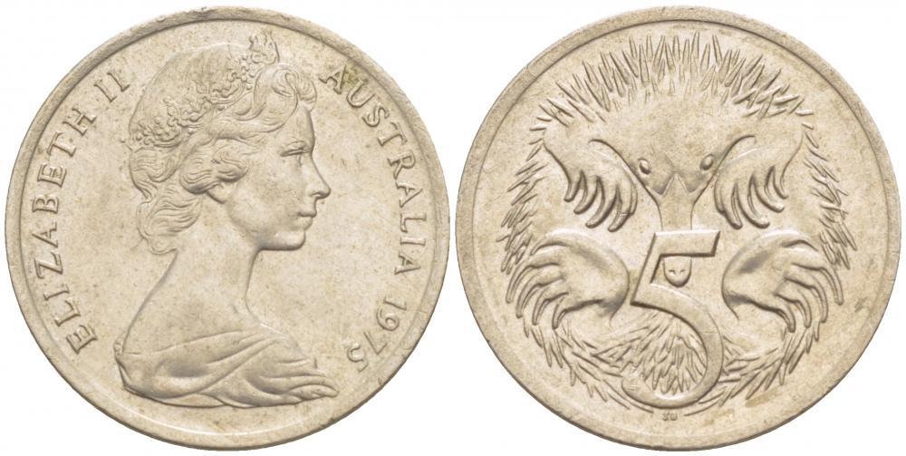АВСТРАЛИЯ 5 ЦЕНТОВ 1975 ЕЛИЗАВЕТА II, МОЛОДОЙ ПОРТРЕТ, ЕХИДНА KM 64 медно-никель 4532-558