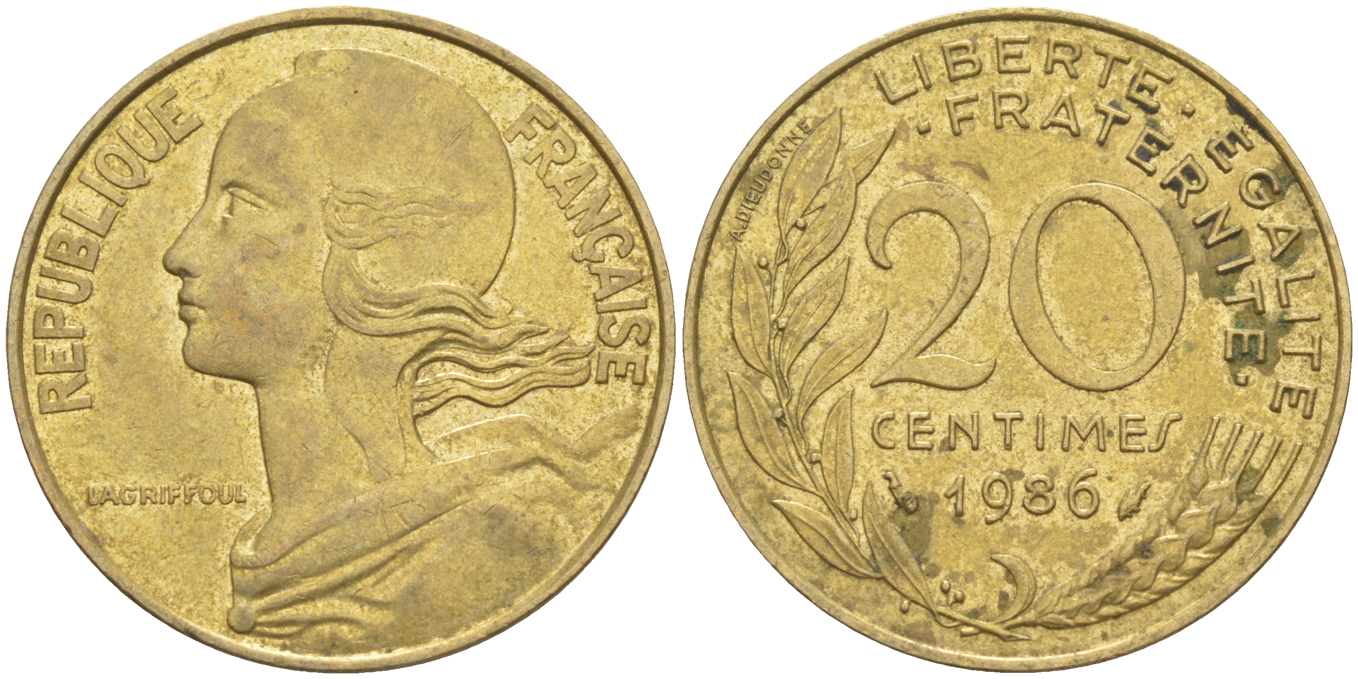 Франция 20 сантимов 1986 тип Marianne KM 930, Le Franc 156.26 медь алюминий никель 4513-424