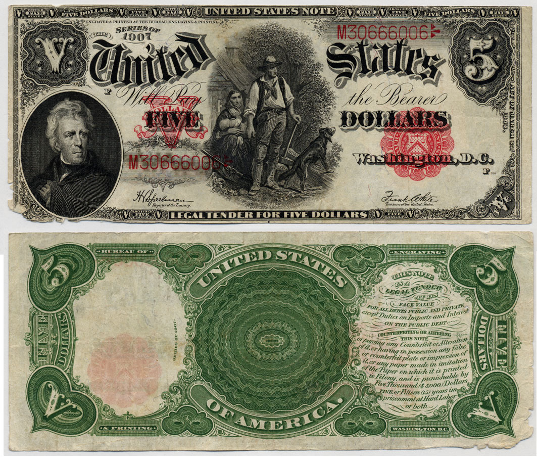 США 5 долларов 1907 LEGAL TENDER NOTES, подпись SPEELMAN-WHITE Pick 186 бумага 451-115-1