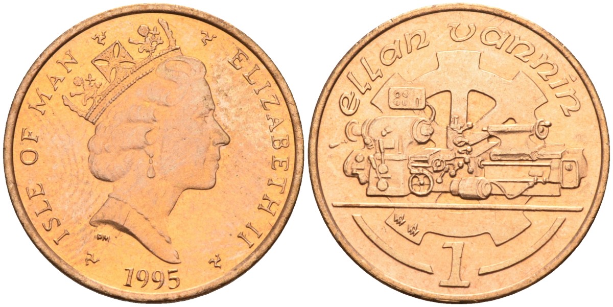 Остров Мэн 1 пенни 1995 АА, токарный станок, Елизавета II (1952) KM 207 бронза BUNC 4582-124